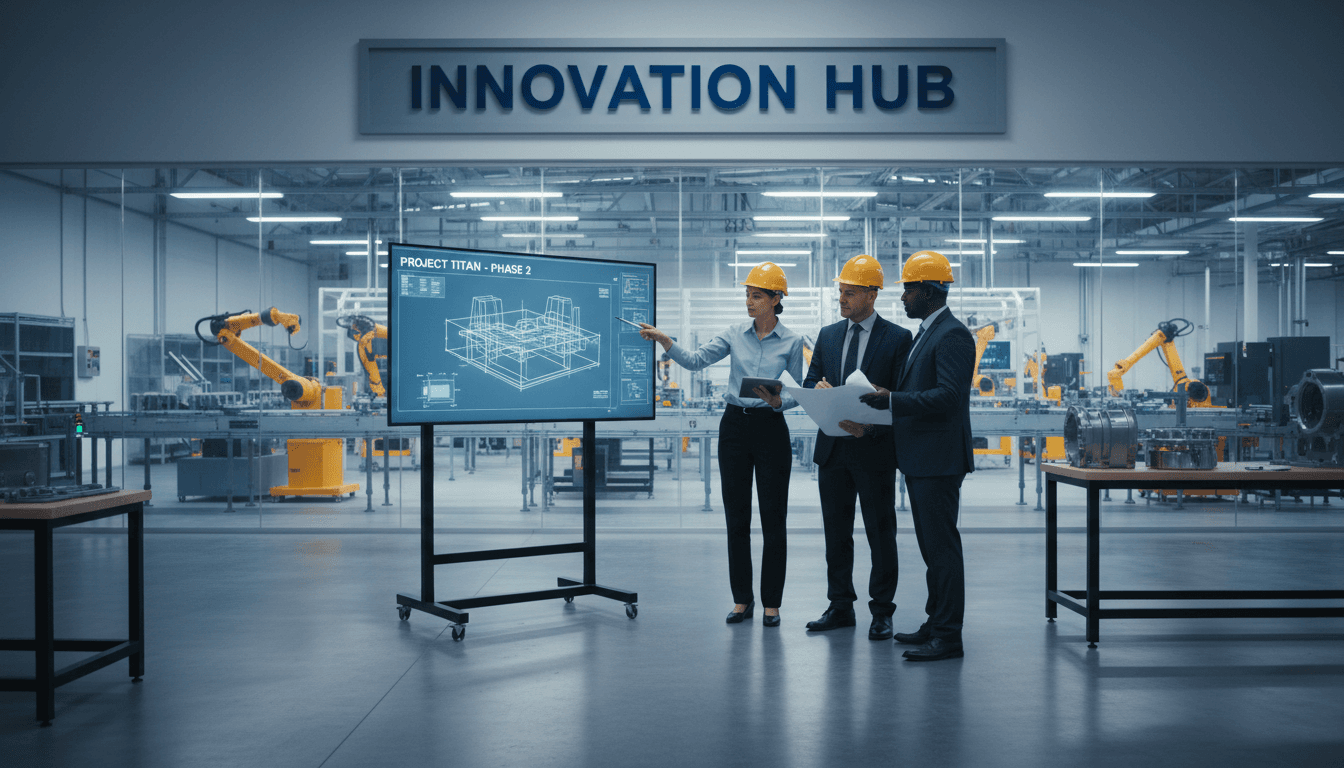 Professional engineers reviewing project plans in a modern manufacturing facility