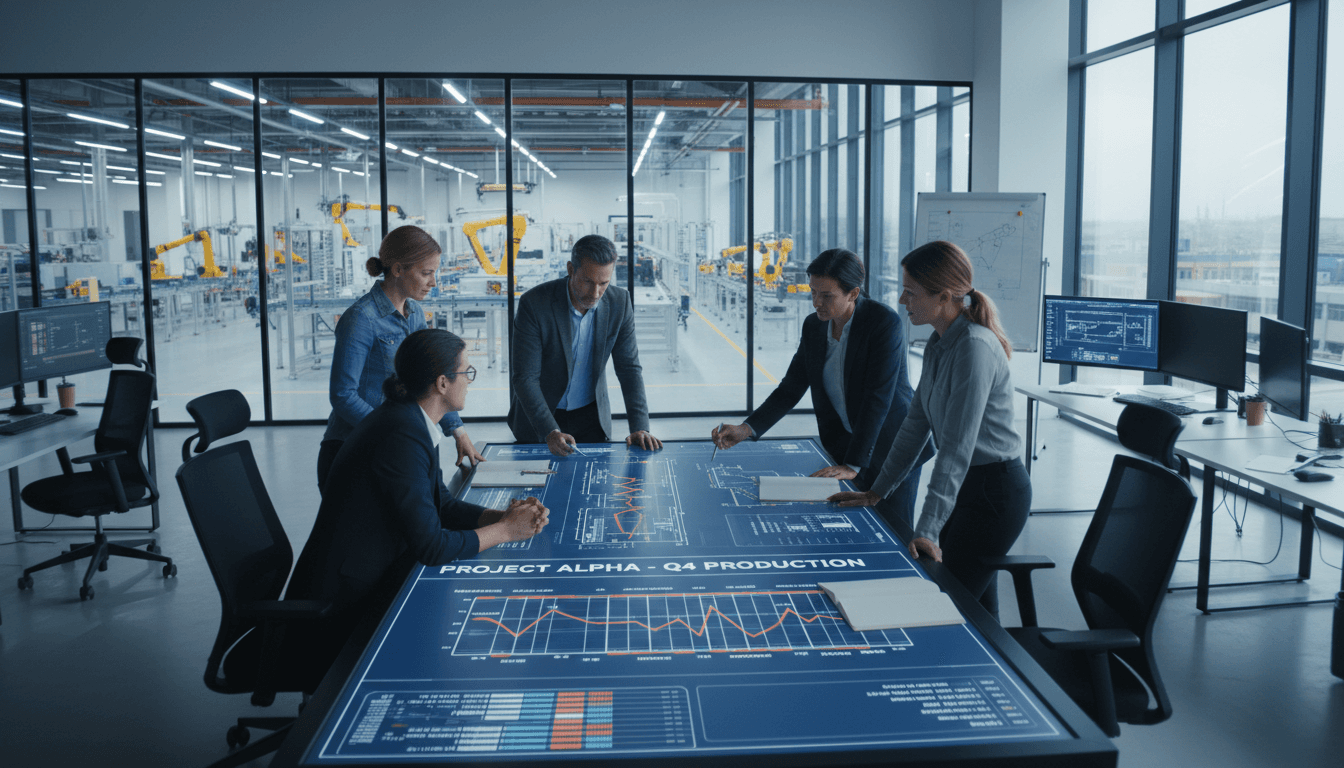 Engineering team reviewing project plans and production schedules in a modern factory office