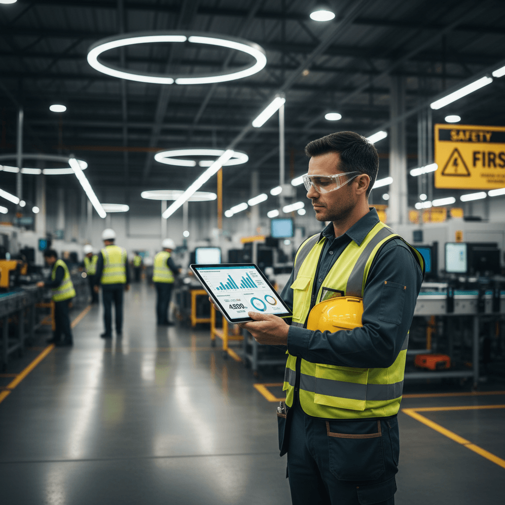 Project manager reviewing production schedule on a tablet in a factory