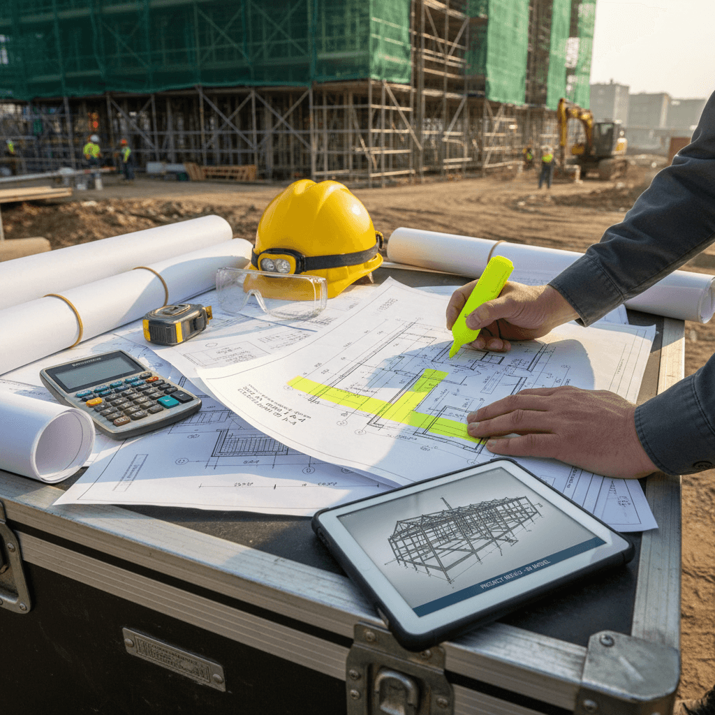 Project manager reviewing engineering blueprints on a factory floor