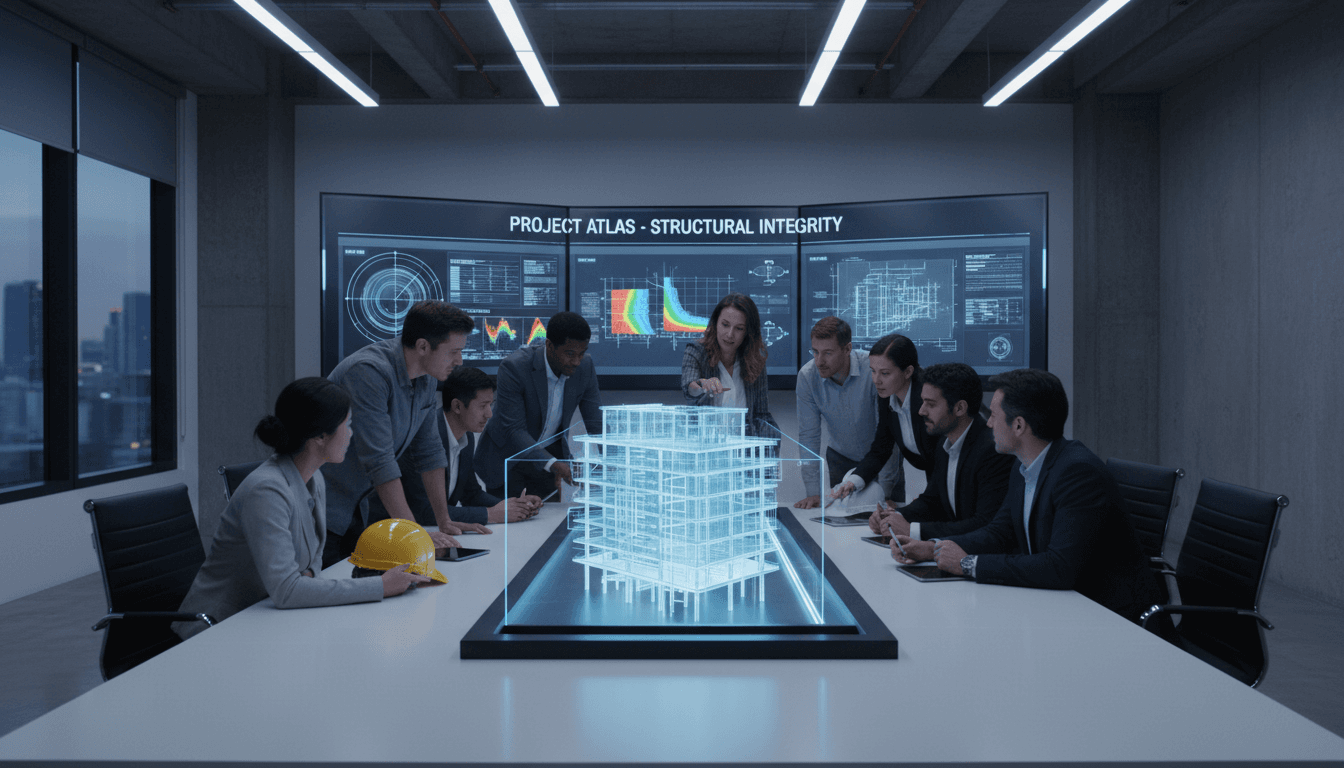 Engineering team reviewing project plans in a modern factory setting